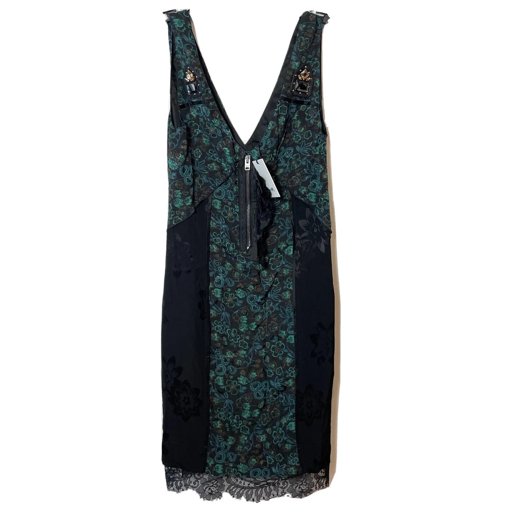 Coach Dress Navy Green 0 Womens Retro Floral Print Slip Rhinestone V-neck New